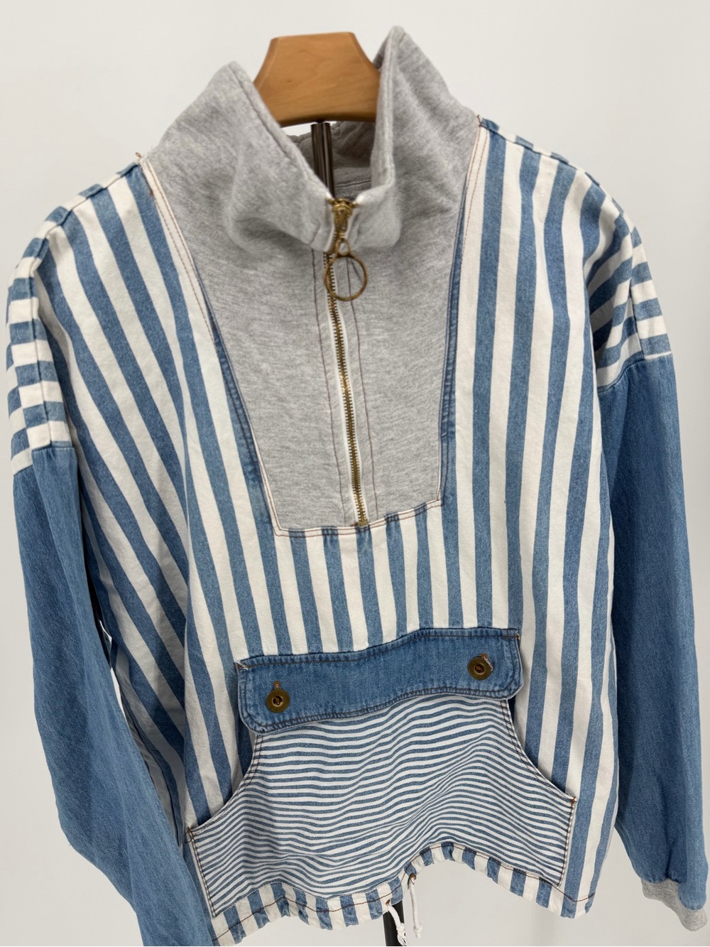 Vintage Pottery Striped Denim Cotton Quarter Zip Pullover Women’s Small